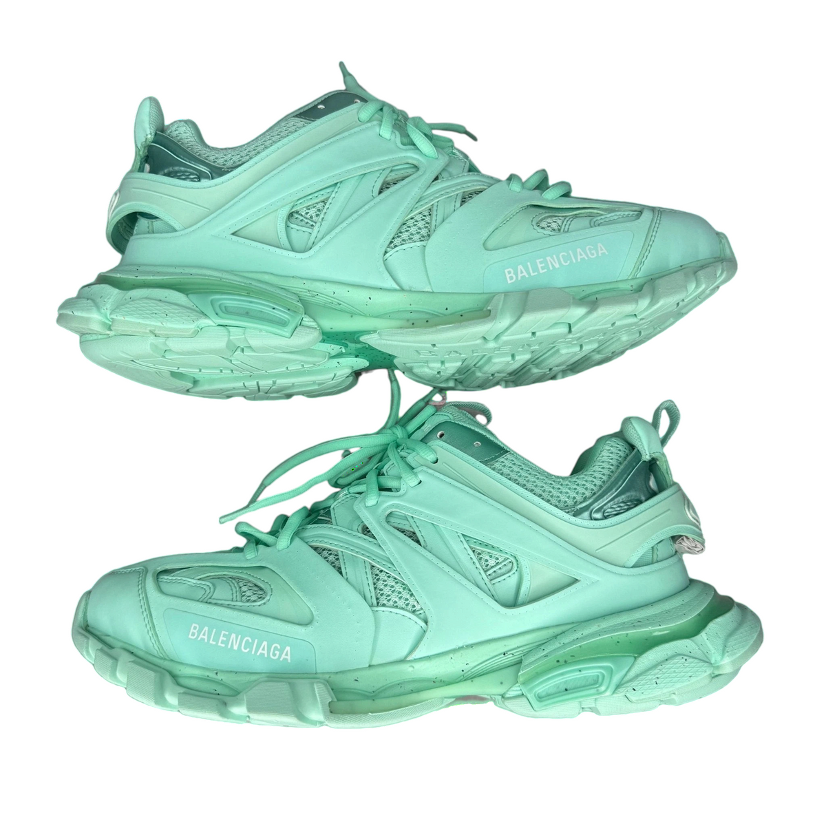 sneakerresellx Balenciaga Track Recycled sneakers in mint green with layered mesh and nylon panels