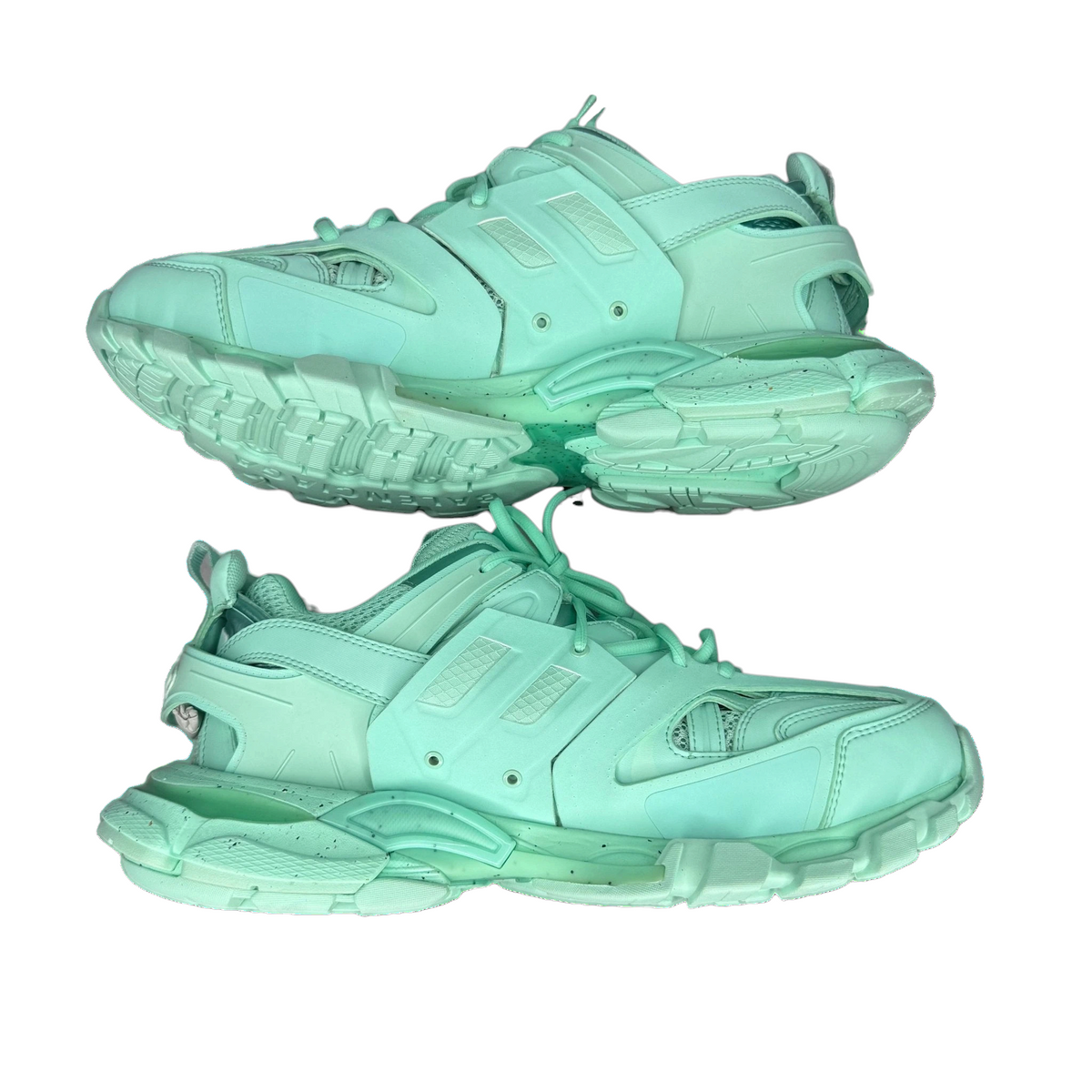 sneakerresellx Balenciaga Track Recycled sneakers in mint green with a chunky layered design and speckled sole